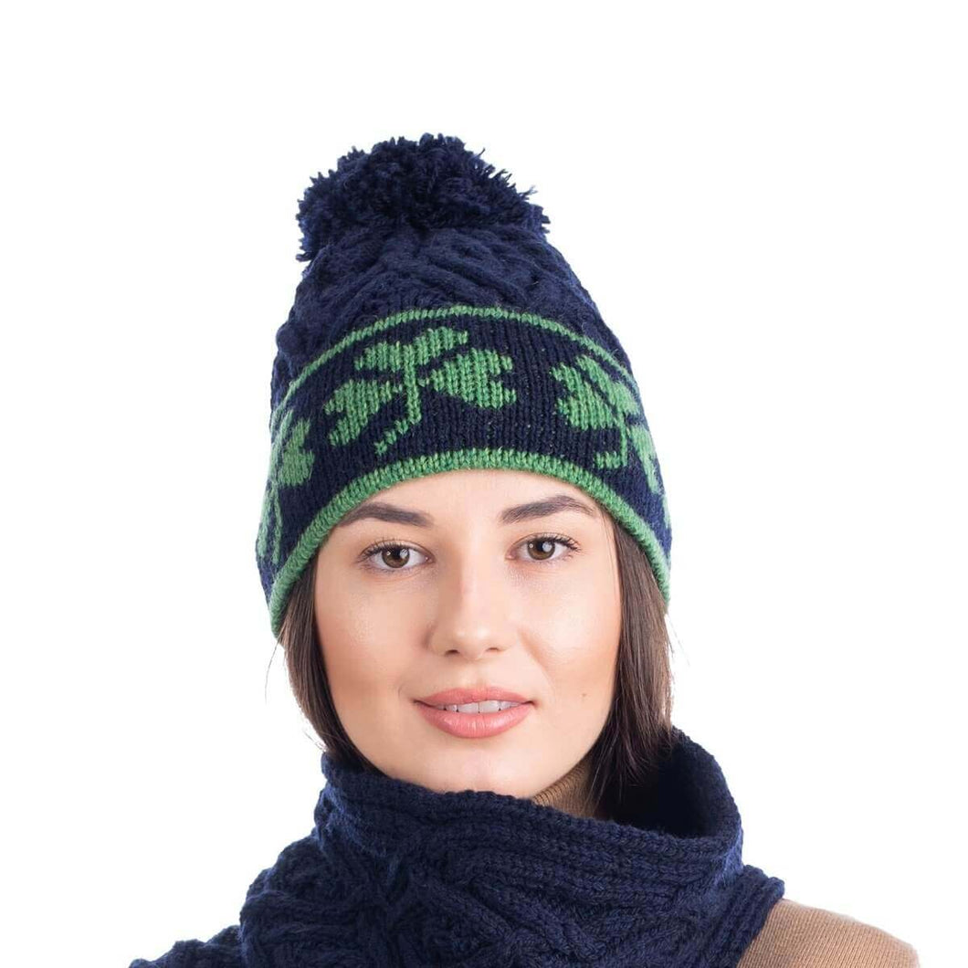 ML201 Navy Blue Merino Wool Shamrock Bobble Aran Hat Tara Irish Clothing