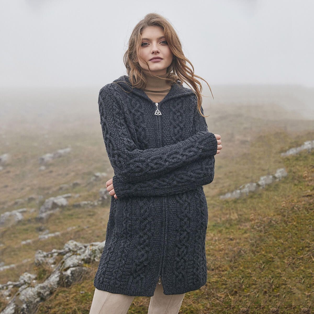 Irish Aran Cable Hooded Cardigan with Zip | Tara Irish Clothing