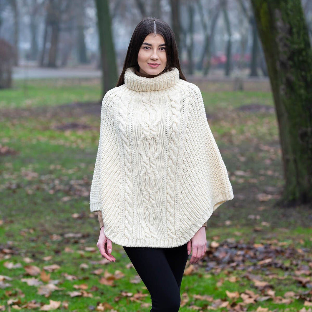 Ladies Rolled Collar Irish Poncho Sweater White Ml132 Tara