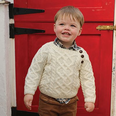 Crew Neck Aran Sweater for Kids with Button Collar | Tara Irish